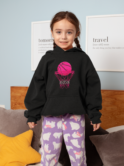 Youth Basketball Hoodie — Neon Pink Hoop Graphic Kids Sweatshirt