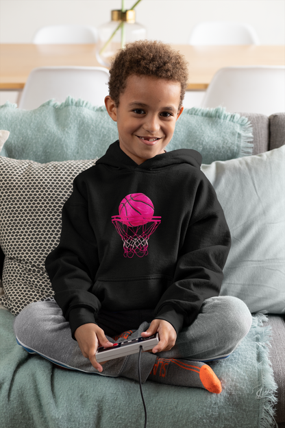 Youth Basketball Hoodie — Neon Pink Hoop Graphic Kids Sweatshirt