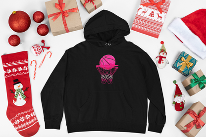 Youth Basketball Hoodie — Neon Pink Hoop Graphic Kids Sweatshirt