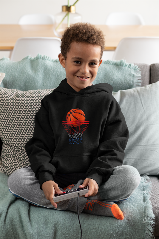 Youth Basketball Hoodie – Red Ball / Blue Net Swish Graphic