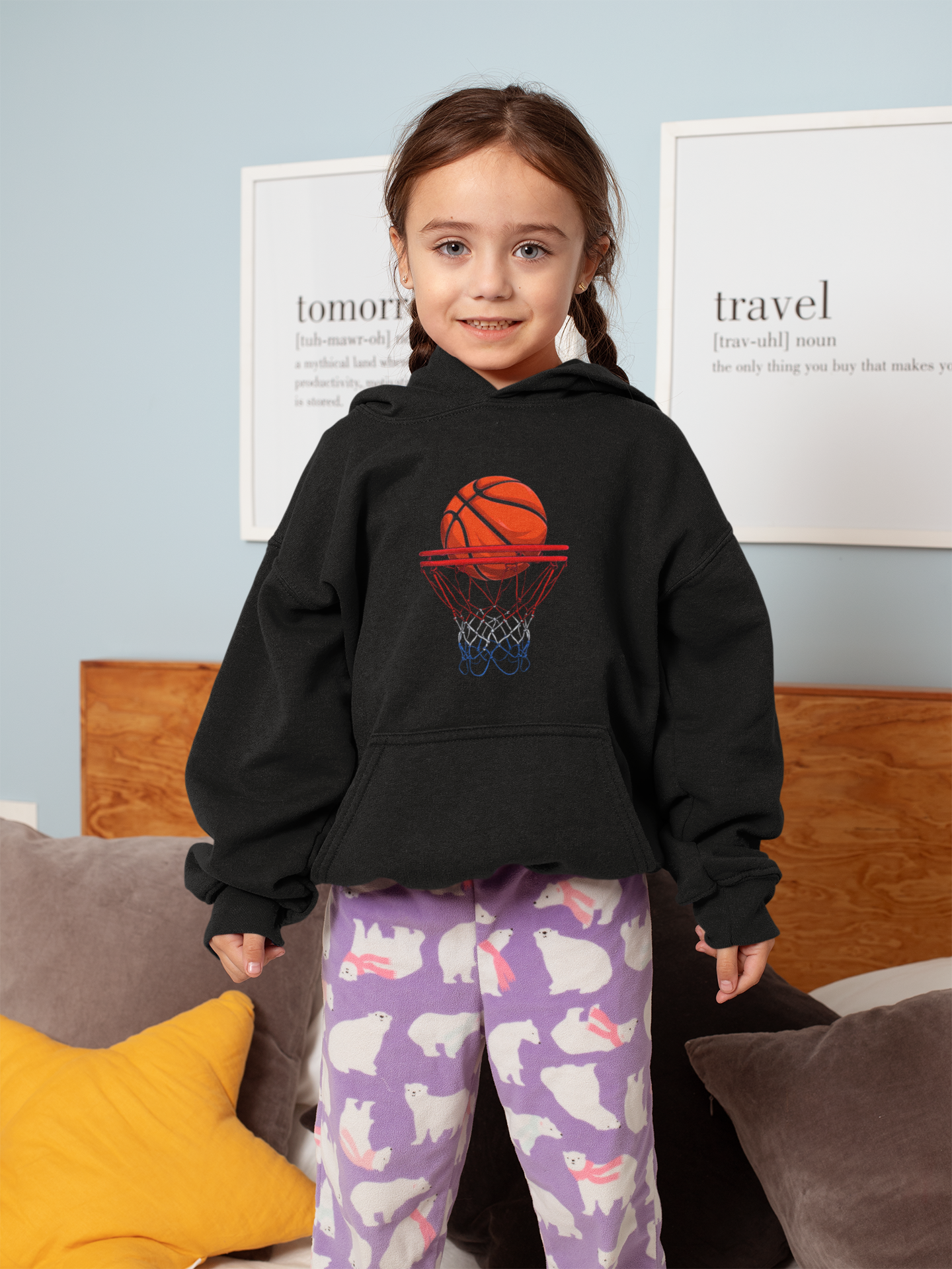 Youth Basketball Hoodie – Red Ball / Blue Net Swish Graphic