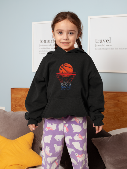 Youth Basketball Hoodie – Red Ball / Blue Net Swish Graphic